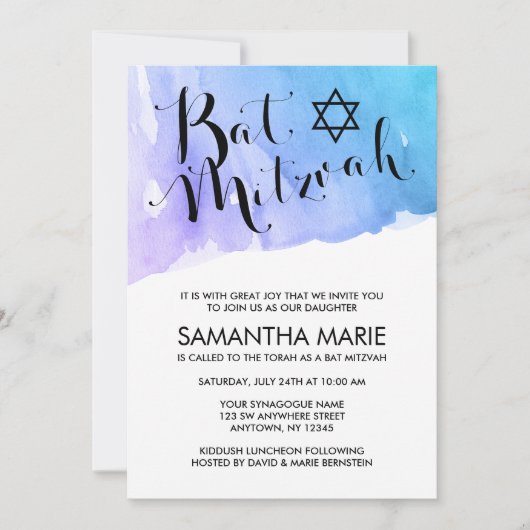 Paarse Turquoise Waterverf Bat Mitzvah Uitnodiging (Voorkant)