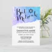 Paarse Turquoise Waterverf Bat Mitzvah Uitnodiging (Staand voorkant)