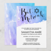 Paarse Turquoise Waterverf Bat Mitzvah Uitnodiging (Voorkant / Achterkant)