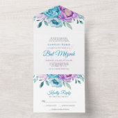 Paarse Turquoise Waterverf Bloem Bat Mitzvah All In One Uitnodiging (Binnen)