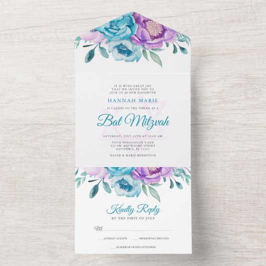 Paarse Turquoise Waterverf Bloem Bat Mitzvah All In One Uitnodiging (Binnen)