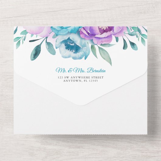 Paarse Turquoise Waterverf Bloem Bat Mitzvah All In One Uitnodiging (Achterkant)