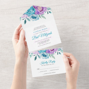 Paarse Turquoise Waterverf Bloem Bat Mitzvah All In One Uitnodiging