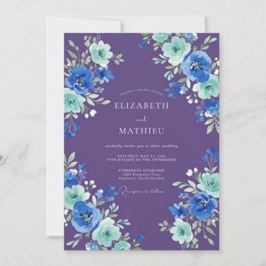 Paarse Turquoise Waterverf Botanische Bruiloft Kaart (Voorkant)
