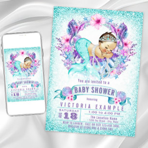 Paarse Turquoise Zeemeermin Baby Shower Uitnodigin Kaart