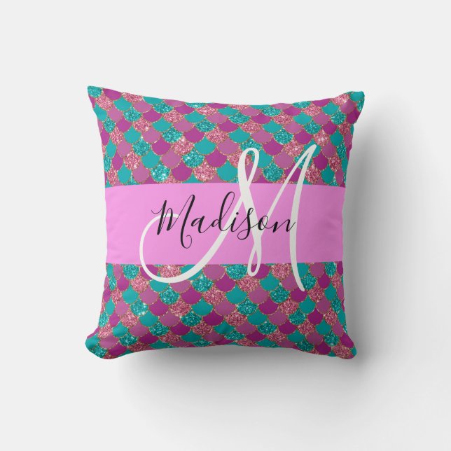 Paarse Turquoise Zeemeermin Glitter Glans Monogram Kussen (Voorkant)