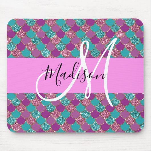 Paarse Turquoise Zeemeermin Glitter Glans Monogram Muismat (Voorkant)