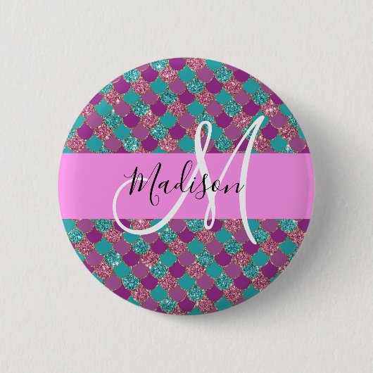 Paarse Turquoise Zeemeermin Glitter Glans Monogram Ronde Button 5,7 Cm (Voorkant)