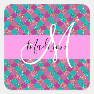 Paarse Turquoise Zeemeermin Glitter Glans Monogram Vierkante Sticker