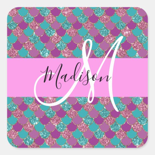 Paarse Turquoise Zeemeermin Glitter Glans Monogram Vierkante Sticker (Voorkant)