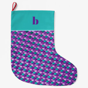 Paarse Turquoise Zeemeermin Schubben Monogram Kers Grote Kerstsok