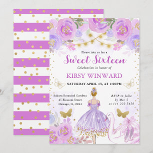 Paarse Tutu Blond Haar Ballerina Sweet 16 Kaart