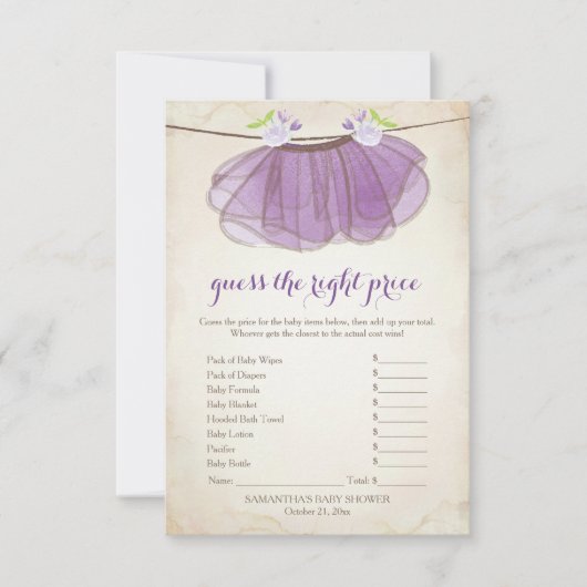 Paarse Tutu raad het juiste prijsspel Kaart (Voorkant)