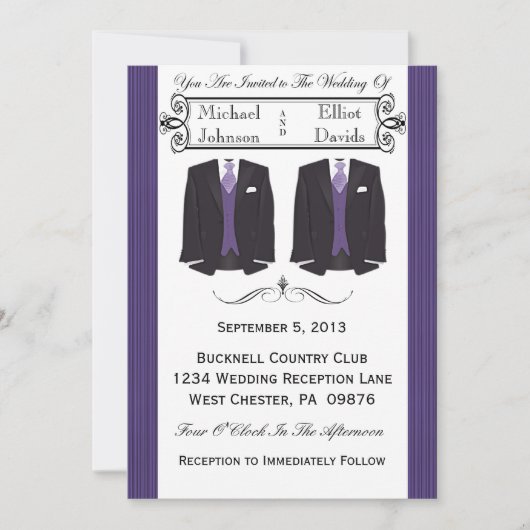 Paarse Tuxedo Gay Wedding Invitaties Kaart (Voorkant)