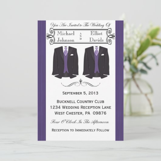 Paarse Tuxedo Gay Wedding Invitaties Kaart (Staand voorkant)