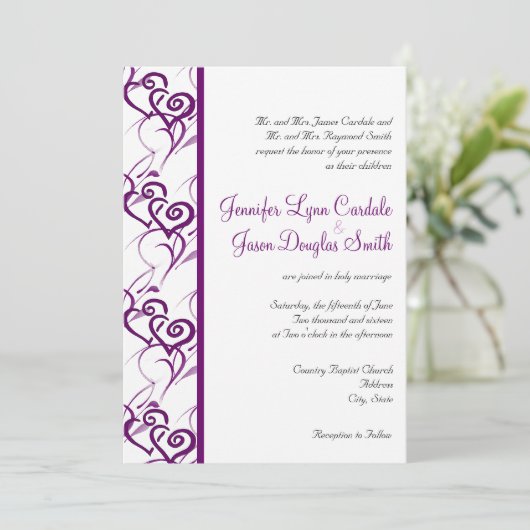 Paarse tweekleurige zweepslagen bruiloft kaart (Staand voorkant)