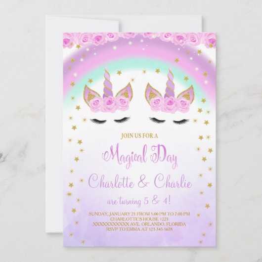 Paarse Tweeling Eenhoorn Verjaardagsuitnodiging Kaart (Voorkant)