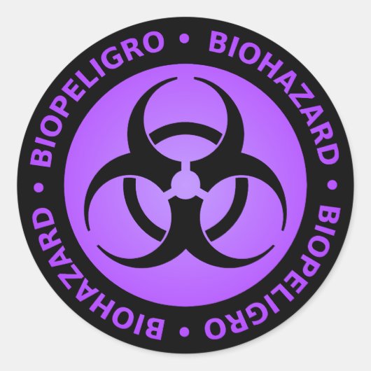 Paarse tweetalige waarschuwing voor biogevaren ronde sticker (Voorkant)