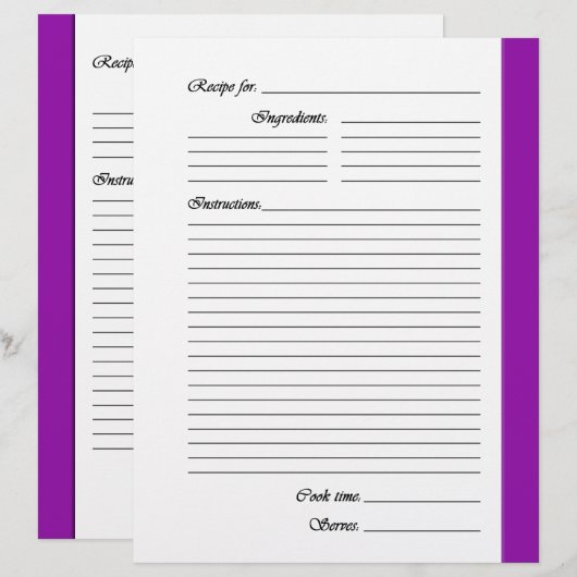 Paarse tweezijdige Recipe Pages (Voorkant / Achterkant)