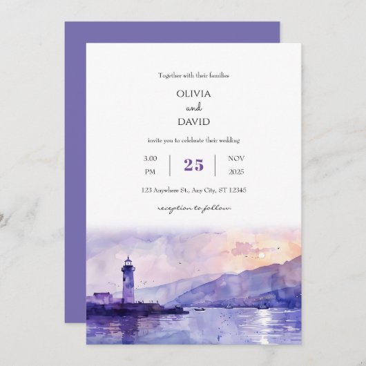 Paarse Twilight Lighthouse Harbour Beach bruiloft Kaart (Voorkant / Achterkant)