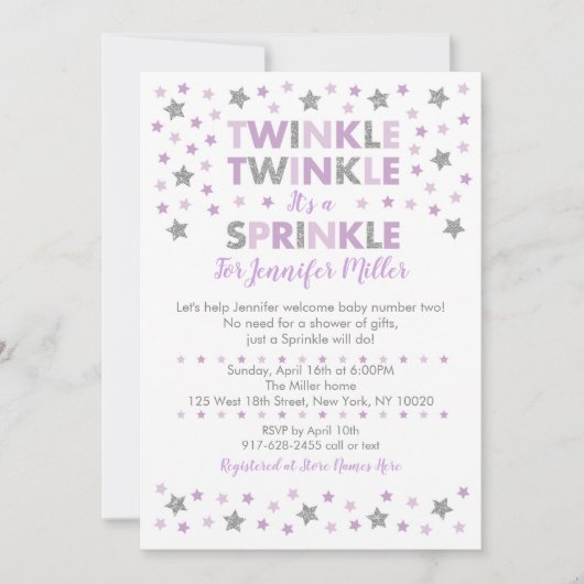 Paarse Twinkle Star Baby Sprinkle Kaart (Voorkant)