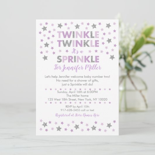 Paarse Twinkle Star Baby Sprinkle Kaart (Staand voorkant)