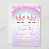 Paarse Twins Eenhoorn Verjaardag Uitnodigen Kaart (Voorkant)