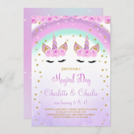 Paarse Twins Eenhoorn Verjaardag Uitnodigen Kaart (Voorkant / Achterkant)