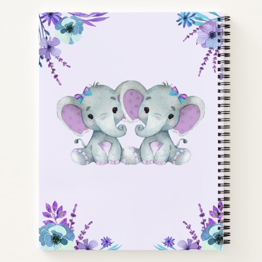Paarse Twins Olifant Memory Book Baby shower Blauw Notitieboek (Achterkant)