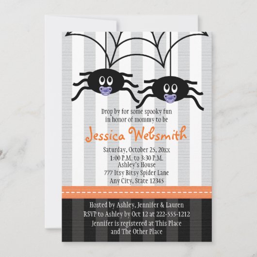 Paarse Twins Spider Halloween Baby shower nodigt u Kaart (Voorkant)