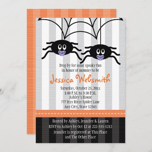 Paarse Twins Spider Halloween Baby shower nodigt u Kaart (Voorkant / Achterkant)
