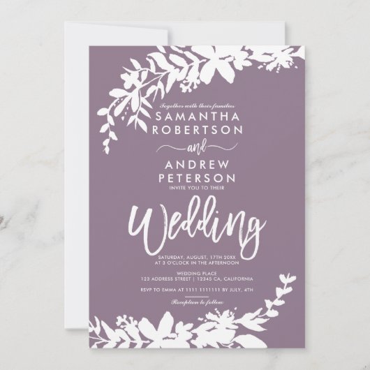 Paarse typografie Floral white bruiloft Kaart (Voorkant)