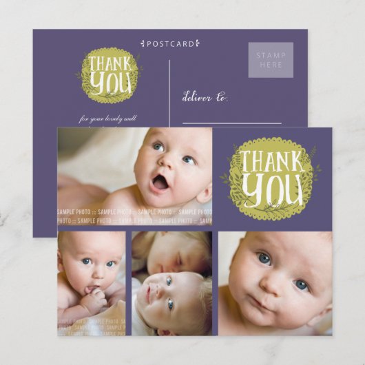 Paarse typografie Foto Baby Dank u Post Kaart (Voorkant / Achterkant)