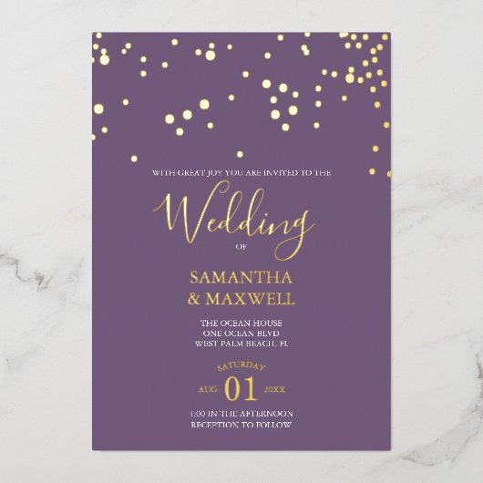 Paarse typografie trouwkaart met folie stempel uitnodiging (Voorkant)