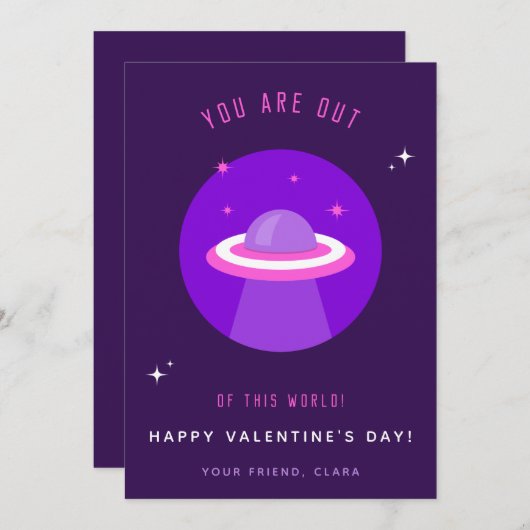 Paarse UFO-ruimteschip Kinder Valentijnsdag klasse Feestdagenkaart (Voorkant / Achterkant)