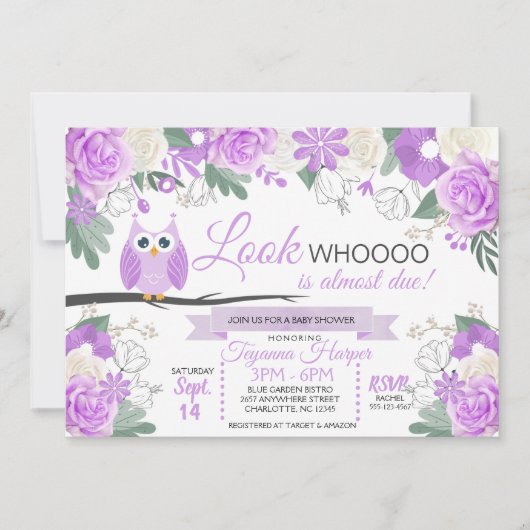 Paarse Uil Bloemen Baby shower Uitnodiging (Voorkant)
