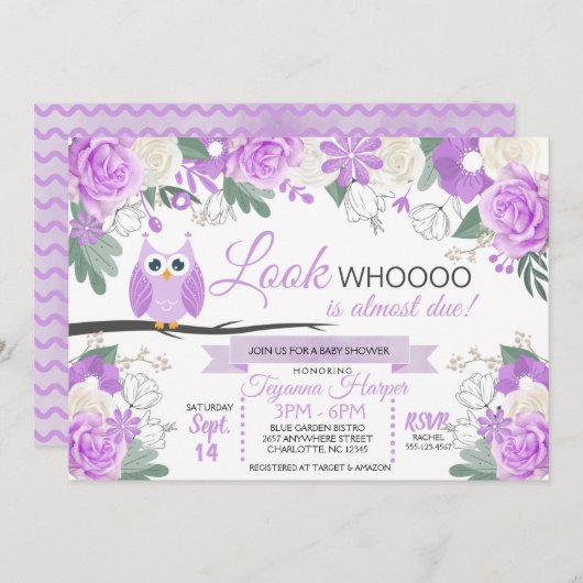 Paarse Uil Bloemen Baby shower Uitnodiging (Voorkant / Achterkant)