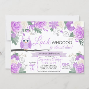 Paarse Uil Bloemen Baby shower Uitnodiging