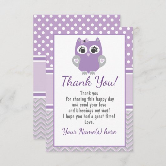 Paarse UIL dank u kaart baby shower, verjaardag (Voorkant / Achterkant)