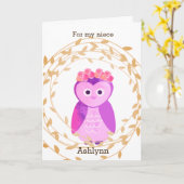 Paarse uil Herfst verjaardag nichtje Kaart (Gele Bloem)