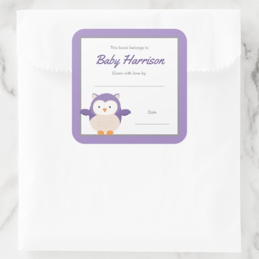Paarse Uil meisje Bookplate sticker (Tas)