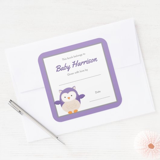 Paarse Uil meisje Bookplate sticker (Envelop)