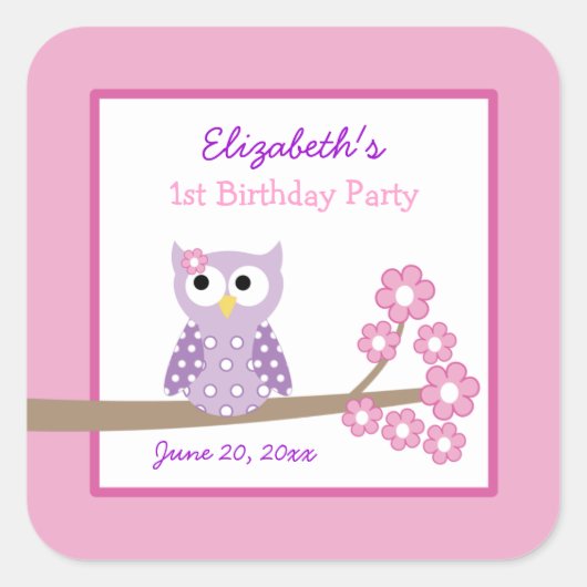 Paarse Uil Meisje Vierkant Favor Stickers (6 Groot (Voorkant)