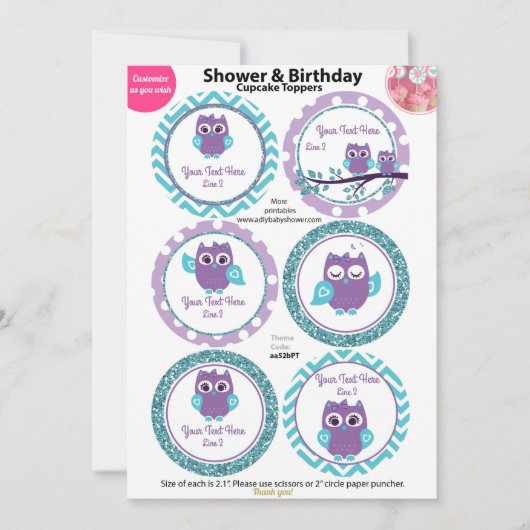 Paarse Uil met Blauwgroen Cupcake Toppers, Baby sh Kaart (Voorkant)
