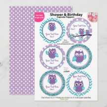 Paarse Uil met Blauwgroen Cupcake Toppers, Baby sh