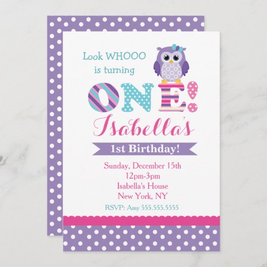 Paarse uil verjaardagsuitnodigingen kaart (Voorkant / Achterkant)