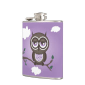 Paarse uil zittend op een kolf heupfles (Links)