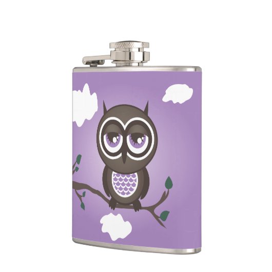Paarse uil zittend op een kolf heupfles (Links)