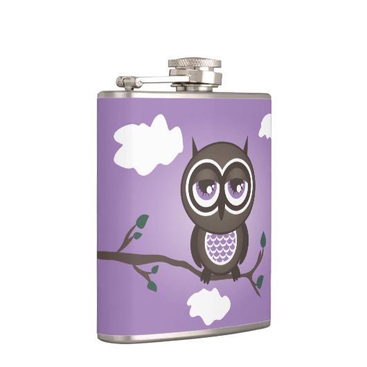 Paarse uil zittend op een kolf heupfles (Rechts)
