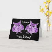 Paarse uilen verjaardag kaart (Gele Bloem)